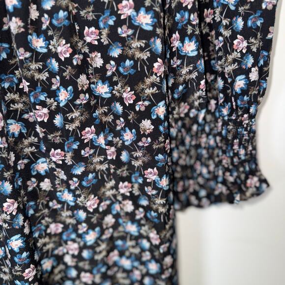 Rebecca Taylor Zelma Floral Silk Dress Size 8 Black Blue Pink V‑Neck Long Sleeve - Picture 7 of 15
